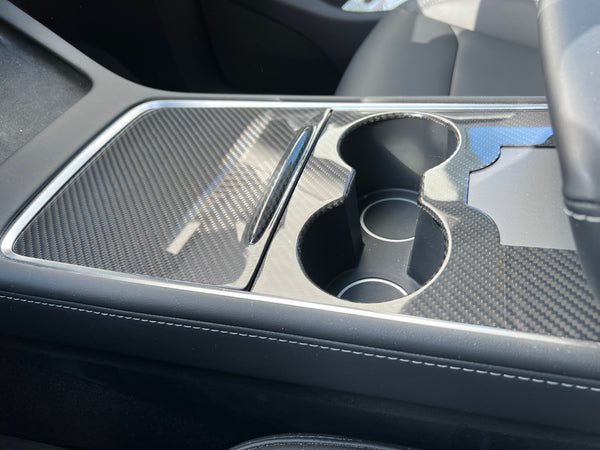 Tesla Model 3 und Y - Echt Carbon Mittelkonsolen-Abdeckung mit Key-Card-Aussparung in Hochglanz